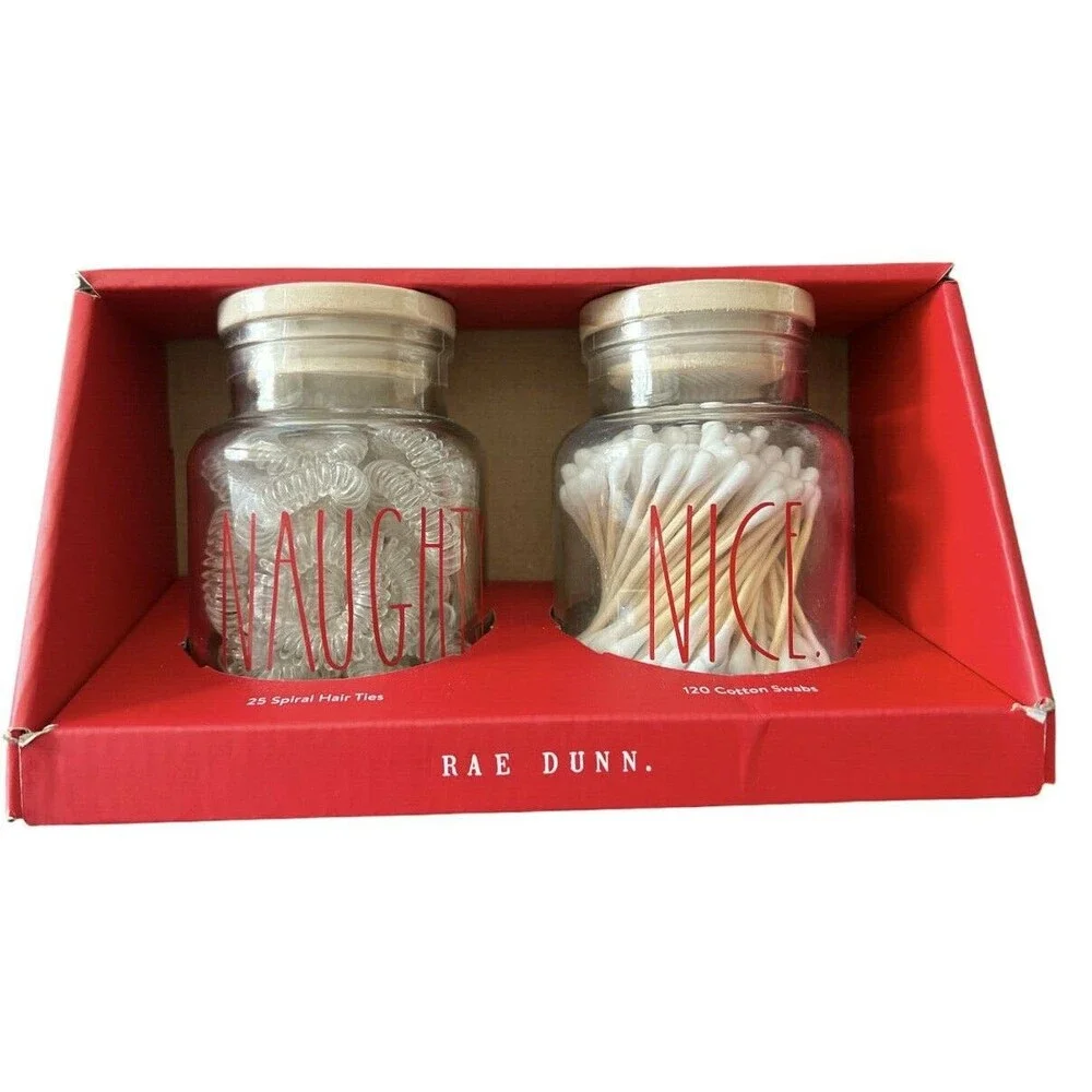 Rae DUNN Set of 2 Glass Bathroom Jars w/25 Spiral Hair Ties & 120 Cotton Swabs